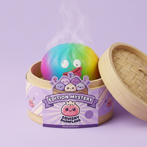 Rainbow Mystery Dumplings Squishy Regnbågsupplaga i sin bambu-ångkorg
