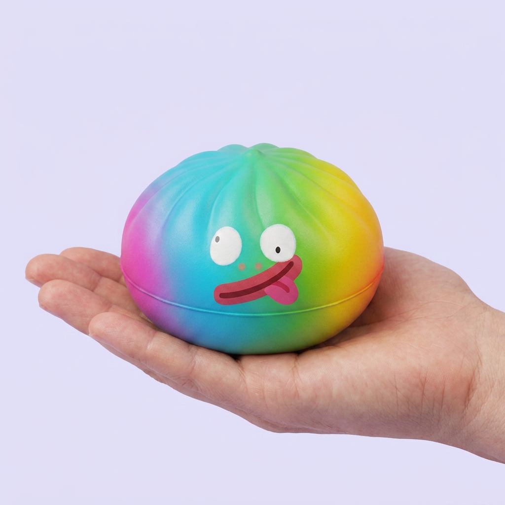 Rainbow Mystery Dumplings Squishy Regnbågsupplaga i handen, verklig storlek