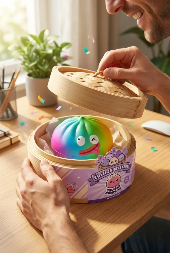 Rainbow Mystery Dumplings Squishy Regnbågsupplaga i unboxing-ögonblicket