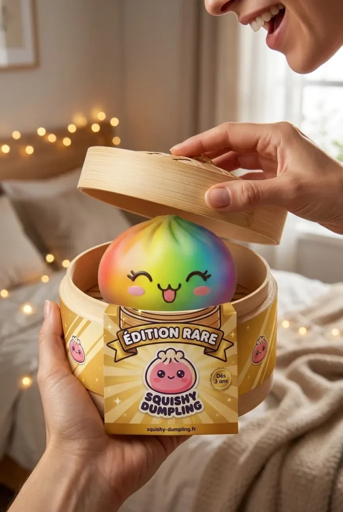 Rare Dumpling Squishy Regnbåge i unboxing-ögonblicket