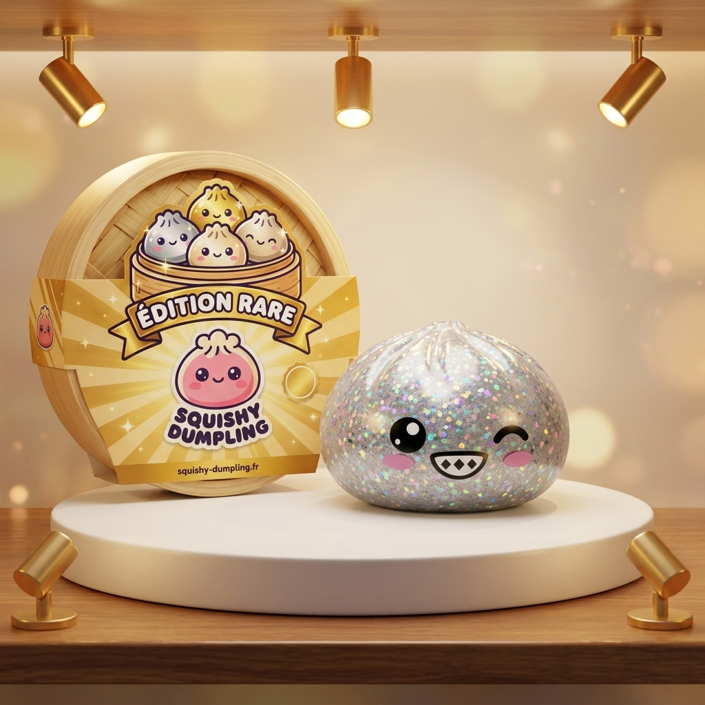 Rare Dumpling Squishy Skimrande Silver i sin kawaii-miljö