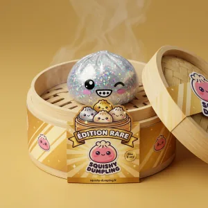 Rare Dumpling Squishy Skimrande Silver i sin bambu-ångkorg