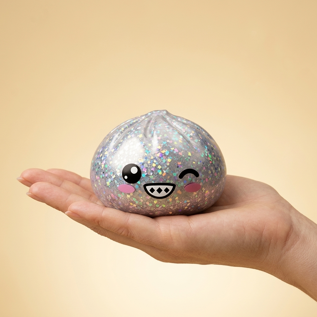 Rare Dumpling Squishy Skimrande Silver i handen, verklig storlek