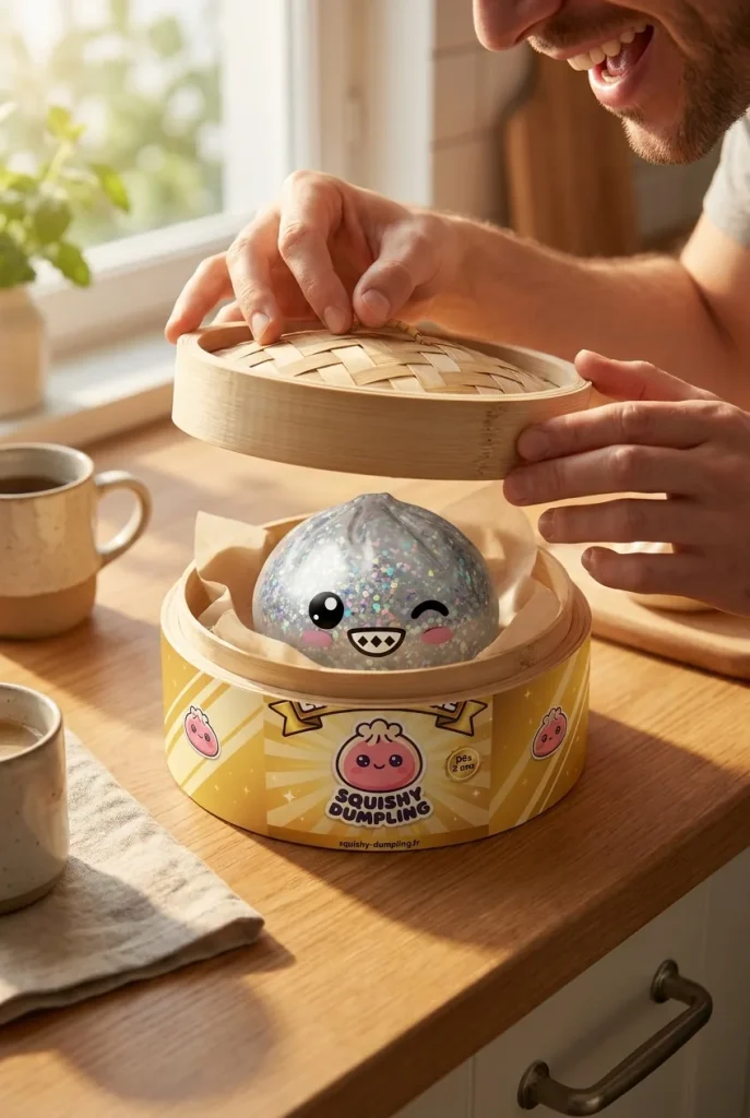 Rare Dumpling Squishy Skimrande Silver i unboxing-ögonblicket