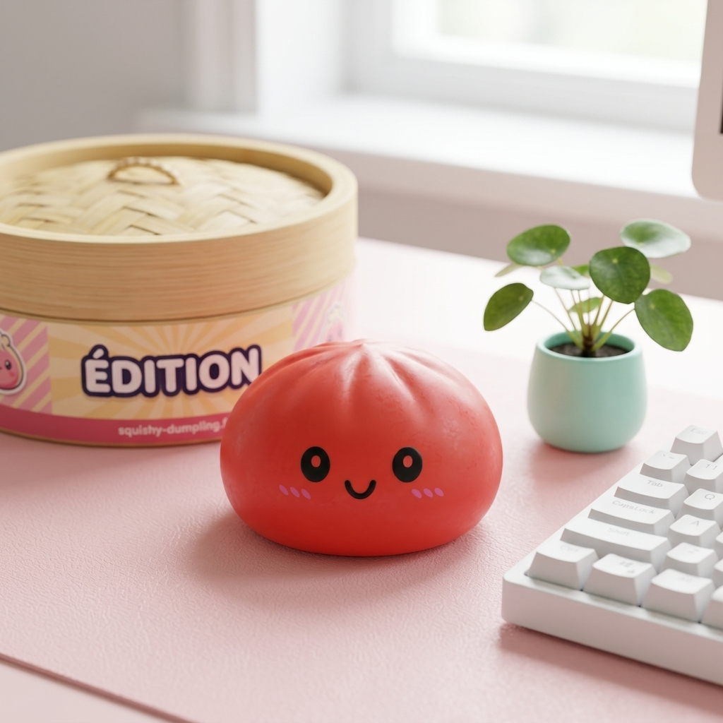 Dumpling Squishy Körsbärsröd i sin kawaii-miljö