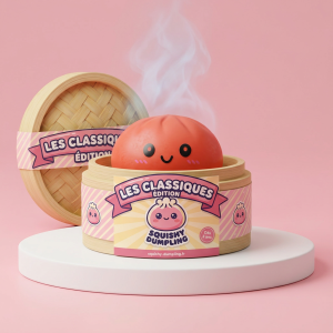Dumpling Squishy Körsbärsröd i sin bambu-ångkorg