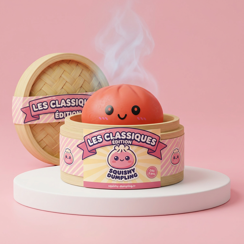 Dumpling Squishy Körsbärsröd i sin bambu-ångkorg