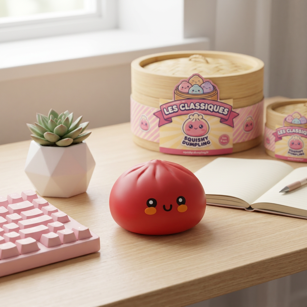 Dumpling Squishy Röd Fluffy i sin kawaii-miljö