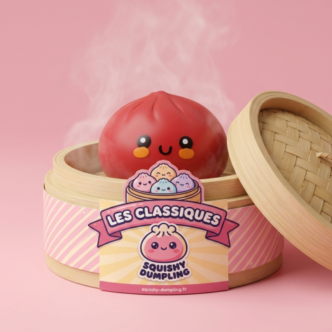 Dumpling Squishy Röd Fluffy i sin bambu-ångkorg