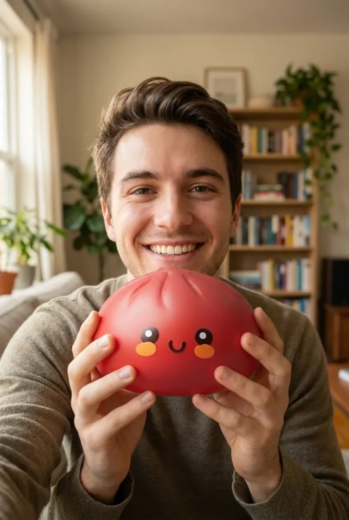 Dumpling Squishy Röd Fluffy i vardagen
