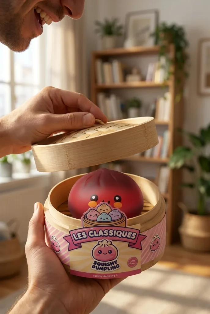 Dumpling Squishy Röd Fluffy i unboxing-ögonblicket
