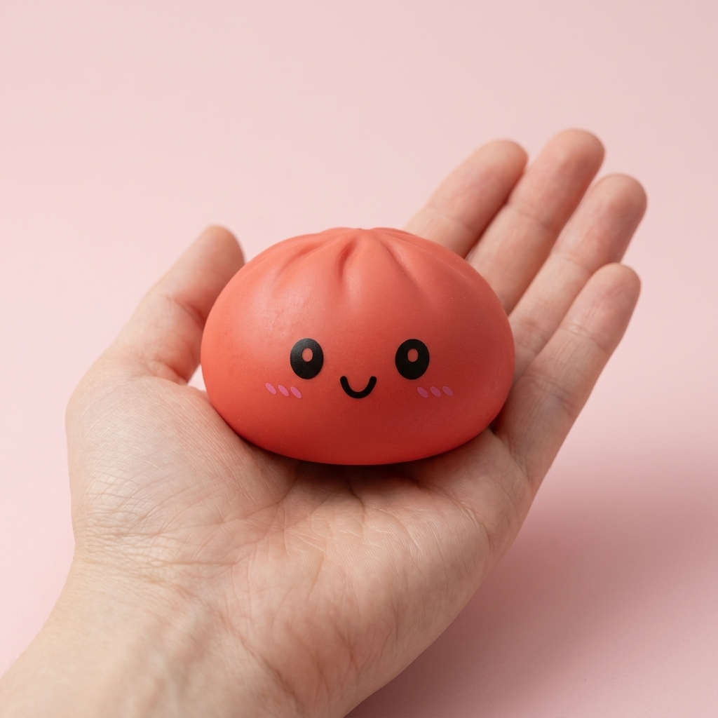 Dumpling Squishy Körsbärsröd i handen, verklig storlek