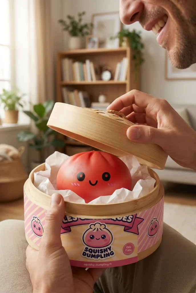 Dumpling Squishy Körsbärsröd i unboxing-ögonblicket