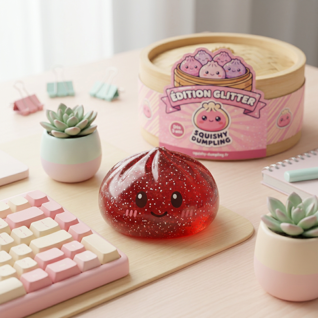 Glitter Dumpling Squishy Röd Lycka i sin kawaii-miljö