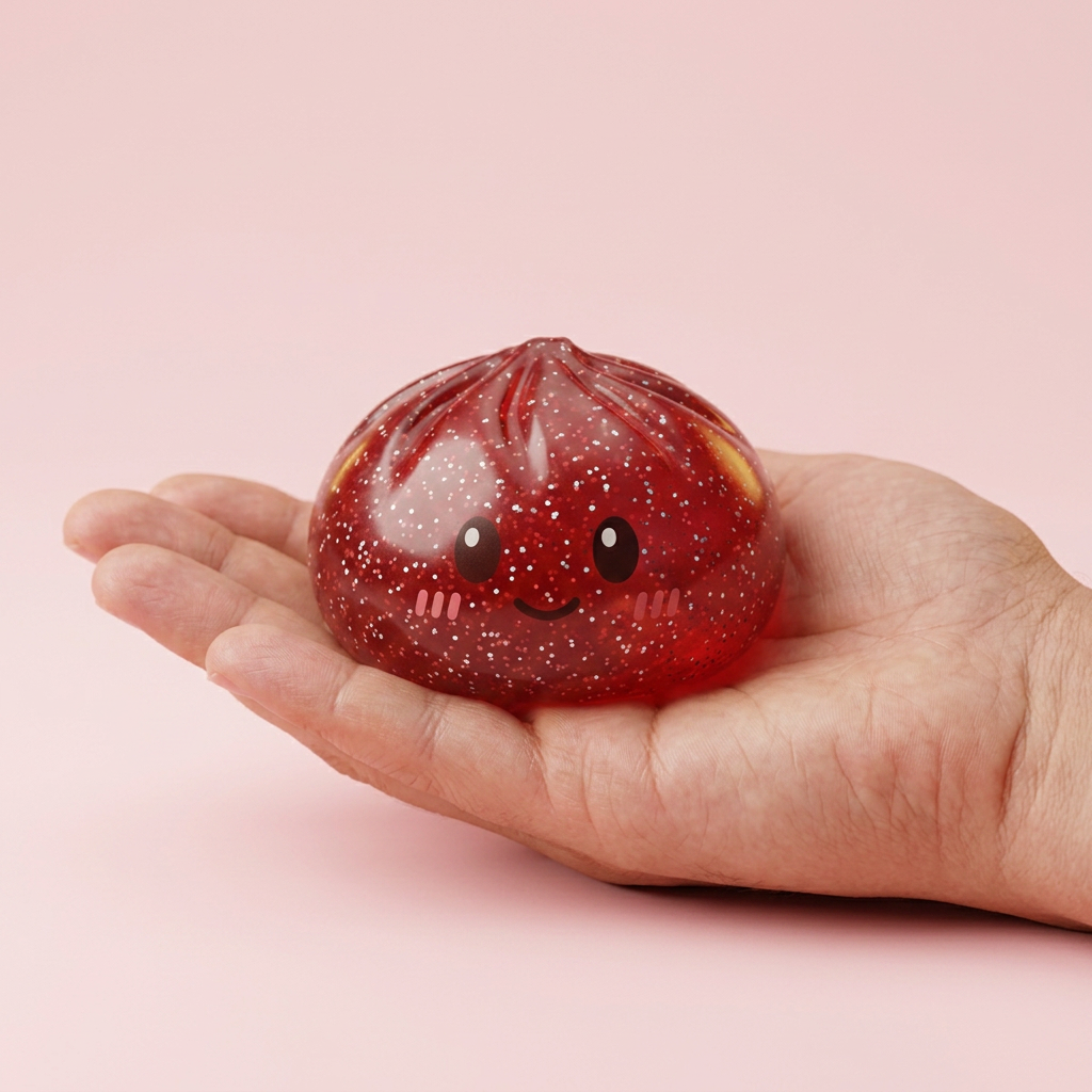 Glitter Dumpling Squishy Röd Lycka i handen, verklig storlek