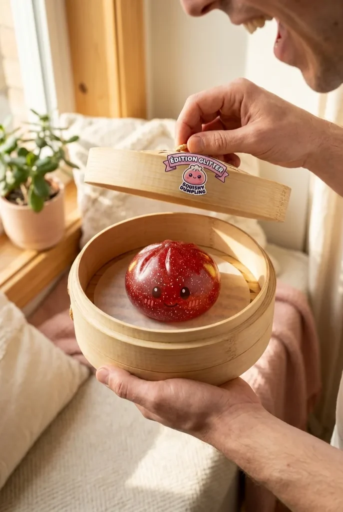 Glitter Dumpling Squishy Röd Lycka i unboxing-ögonblicket
