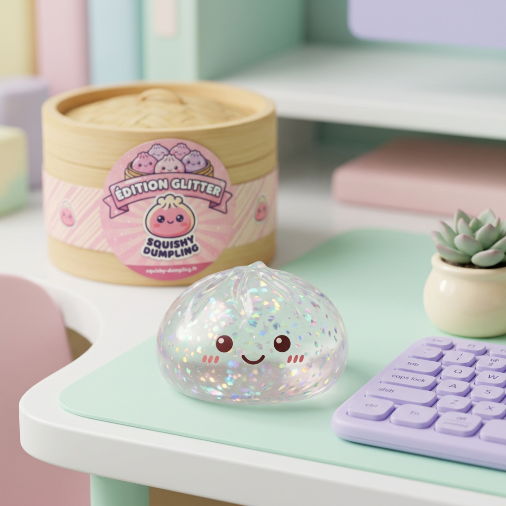 Glitter Dumpling Squishy Silver – med Bambukorg i sin kawaii-miljö