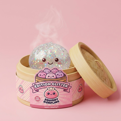 Glitter Dumpling Squishy Silver – med Bambukorg i sin bambu-ångkorg
