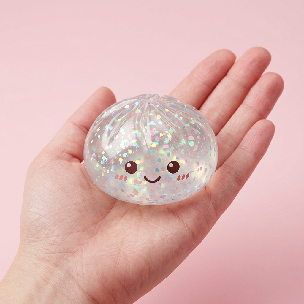 Glitter Dumpling Squishy Silver – med Bambukorg i handen, verklig storlek