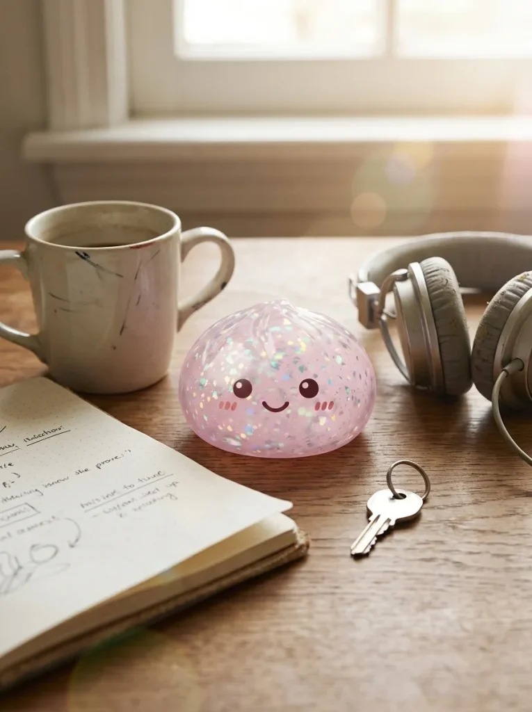 Glitter Dumpling Squishy Silver – med Bambukorg på skrivbordet