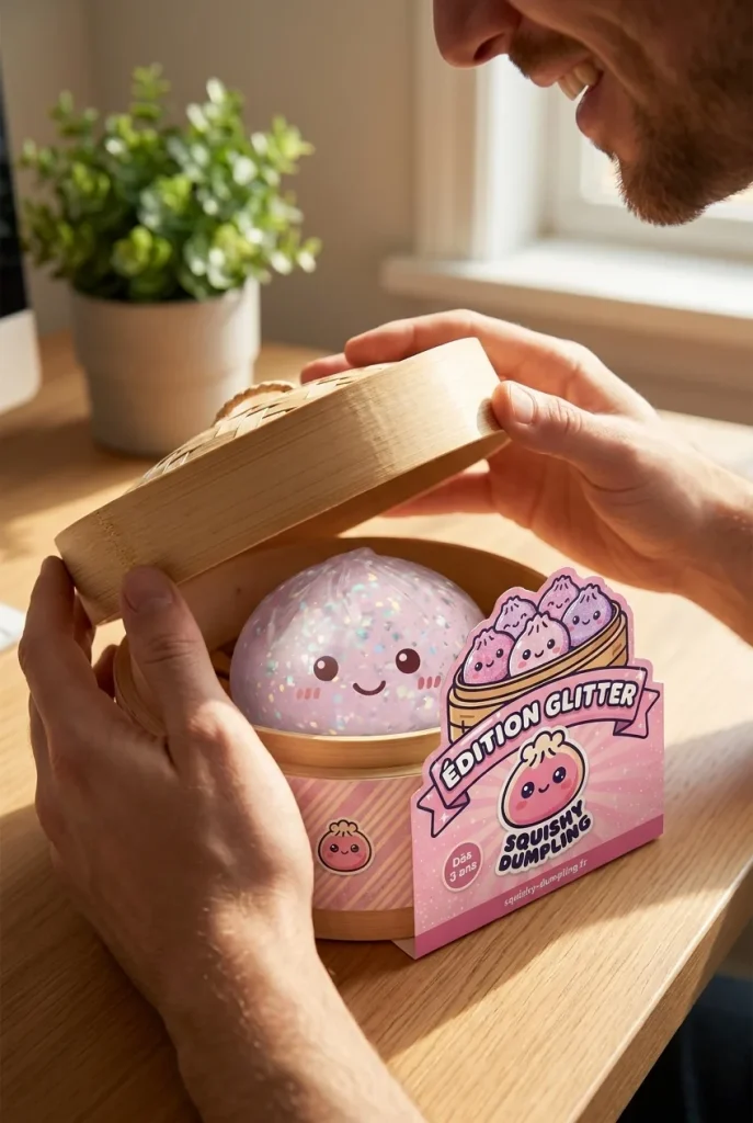 Glitter Dumpling Squishy Silver – med Bambukorg i unboxing-ögonblicket