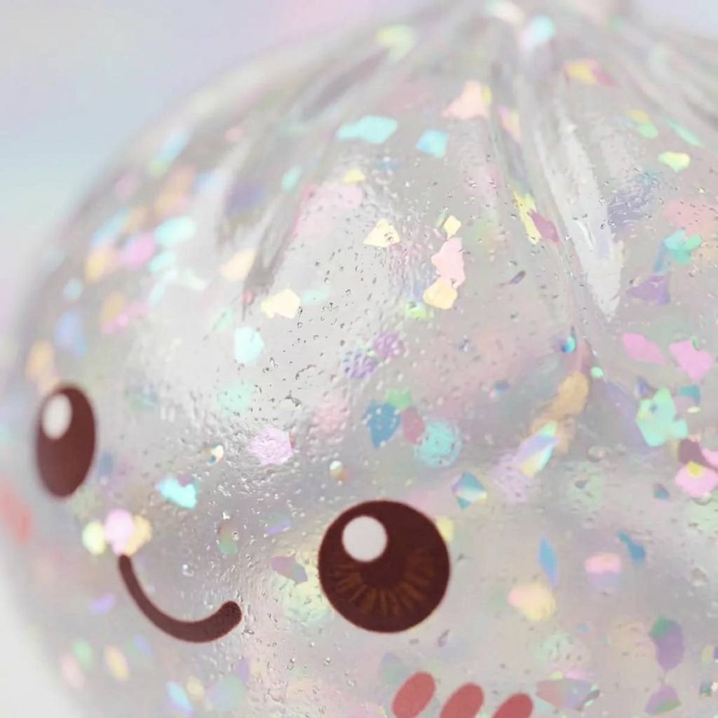 Glitter Dumpling Squishy Silver – med Bambukorg — närbild på strukturen