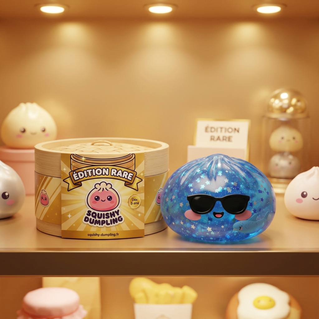 Sparkle Sunglasses Dumpling Squishy Blå Glitter i sin kawaii-miljö