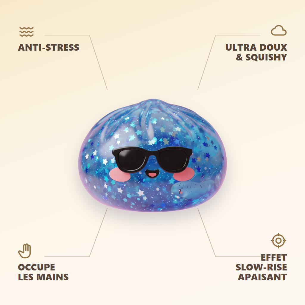 Sparkle Sunglasses Dumpling Squishy Blå Glitter — dess fördelar