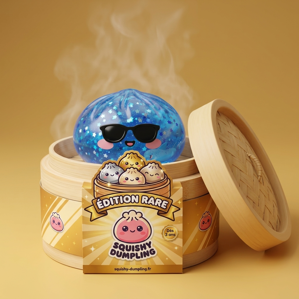 Sparkle Sunglasses Dumpling Squishy Blå Glitter i sin bambu-ångkorg
