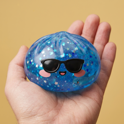 Sparkle Sunglasses Dumpling Squishy Blå Glitter i handen, verklig storlek
