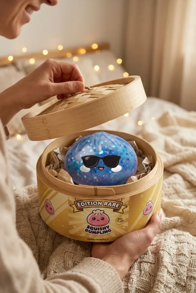 Sparkle Sunglasses Dumpling Squishy Blå Glitter i unboxing-ögonblicket