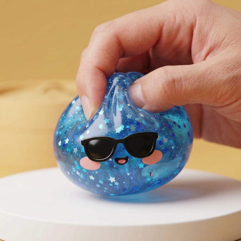 Sparkle Sunglasses Dumpling Squishy Blå Glitter — slow-rise-effekt, skummet återtar långsamt sin form