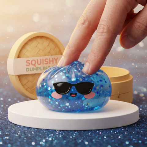Sparkle Sunglasses Dumpling Squishy Blå Glitter — i klämmet, mjukt slow-rise-skum