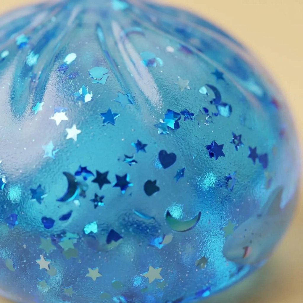 Sparkle Sunglasses Dumpling Squishy Blå Glitter — närbild på strukturen
