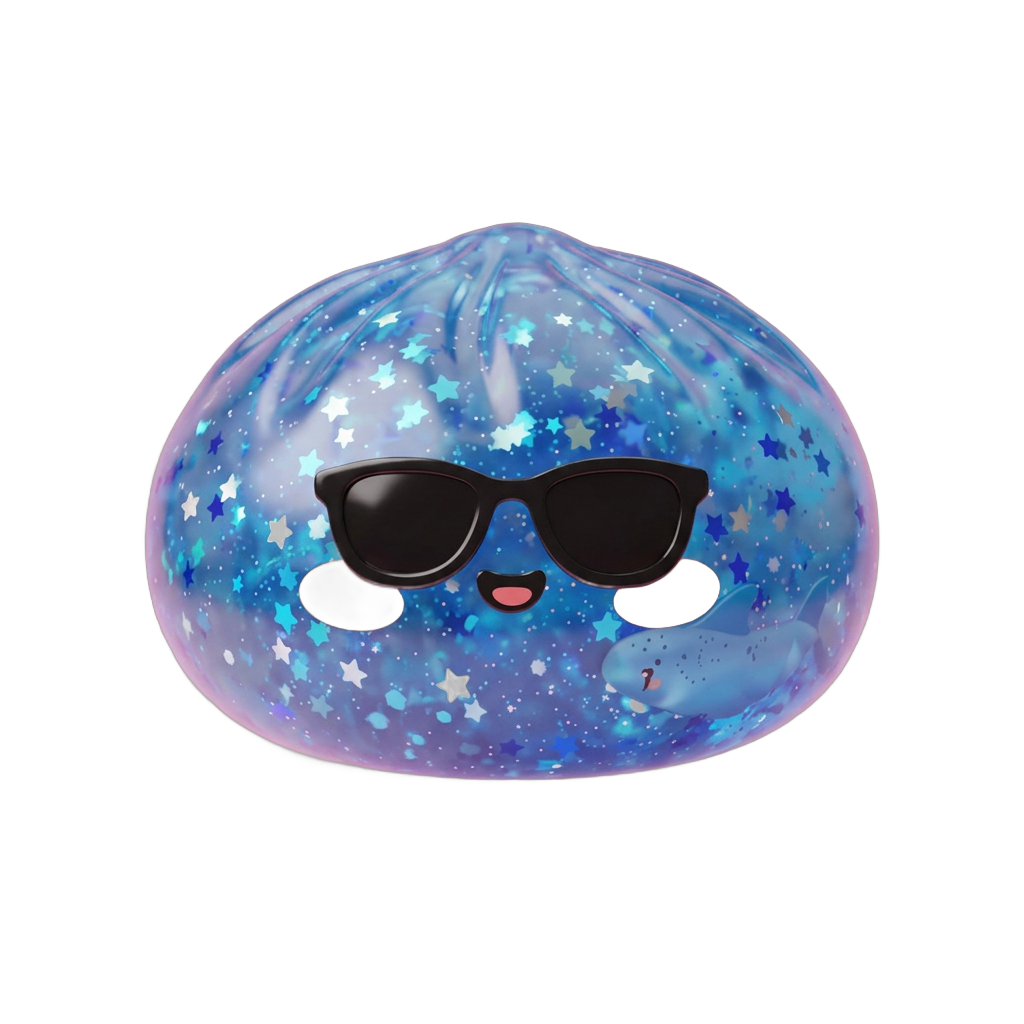 Sparkle Sunglasses Dumpling Squishy Blå Glitter — i klämmet, mjukt slow-rise-skum