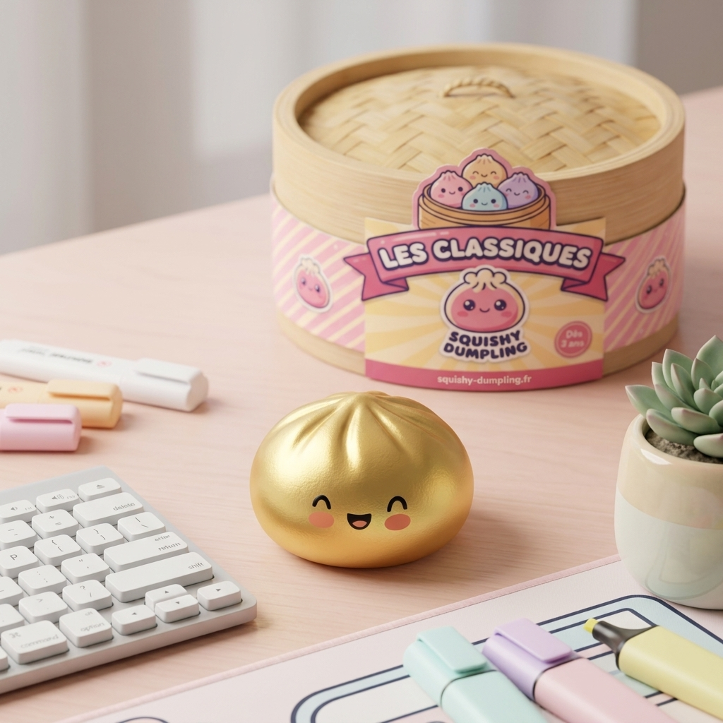 Dumpling Squishy Gold Lucky i sin kawaii-miljö