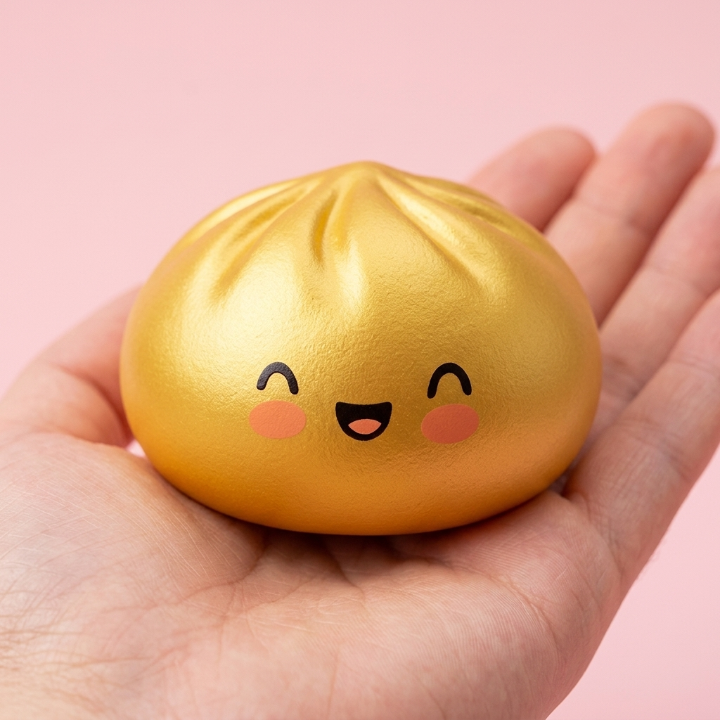 Dumpling Squishy Gold Lucky i handen, verklig storlek