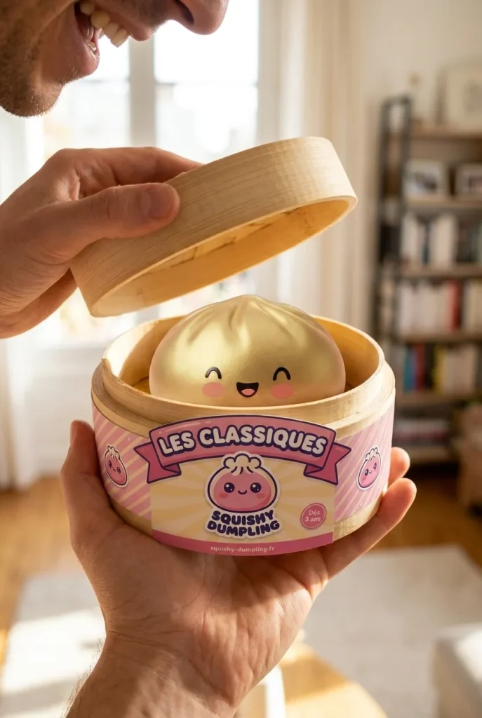 Dumpling Squishy Gold Lucky i unboxing-ögonblicket