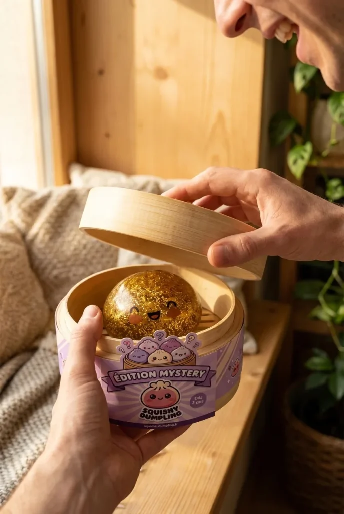 Squishy Bun Mystery Dumpling med Bambusteamer i unboxing-ögonblicket