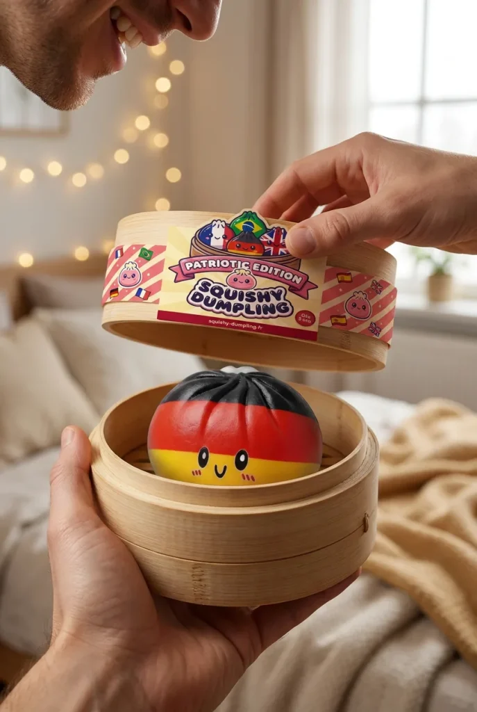 Flag Squishy Toy Dumpling Tyskland i unboxing-ögonblicket