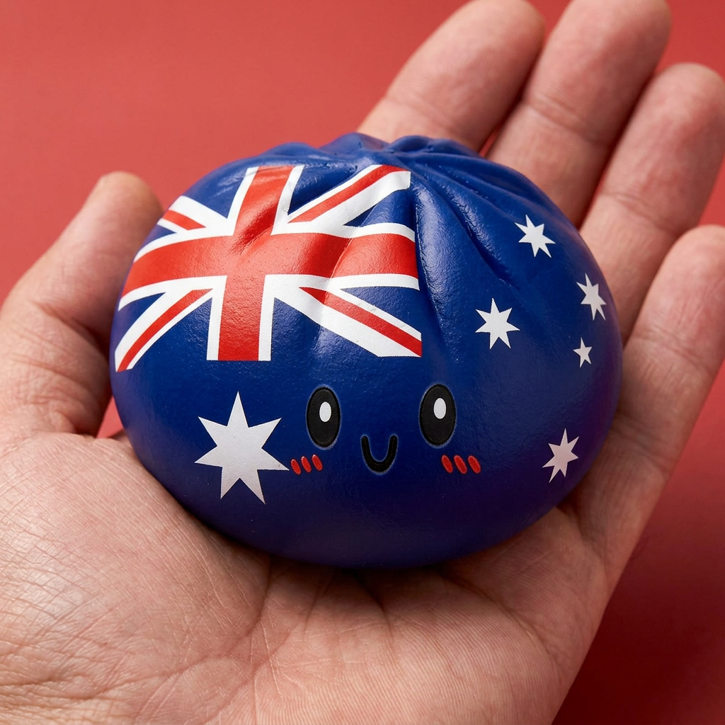 Flag Squishy Dumpling Australien i handen, verklig storlek