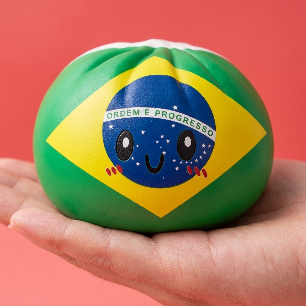 Dumpling Squishy Flag Brasilien i handen, verklig storlek