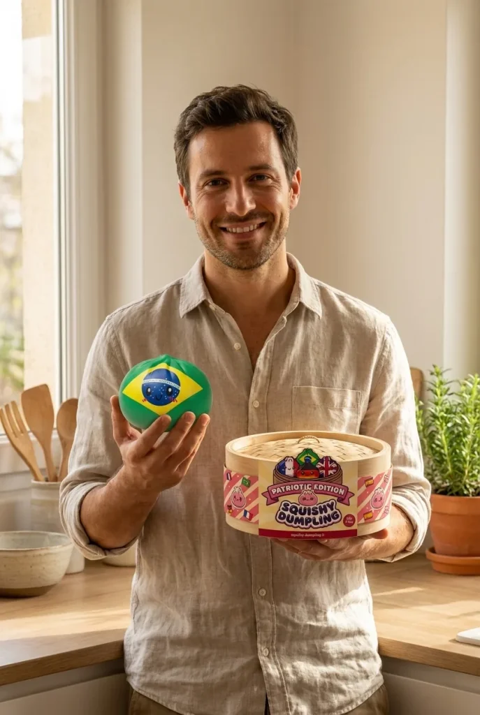 Dumpling Squishy Flag Brasilien med sin ask