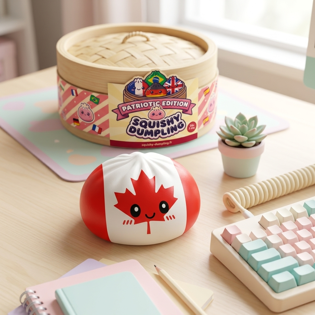 Flag Squishy Dumpling Kanada med Bambukorg i sin kawaii-miljö