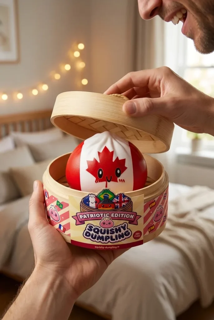 Flag Squishy Dumpling Kanada med Bambukorg i unboxing-ögonblicket
