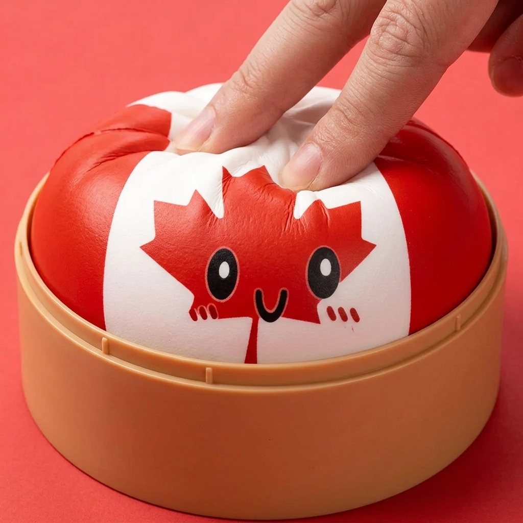 Flag Squishy Dumpling Kanada med Bambukorg — i klämmet, mjukt slow-rise-skum