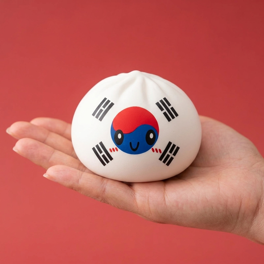 Flag Squishy Dumpling Sydkorea i handen, verklig storlek