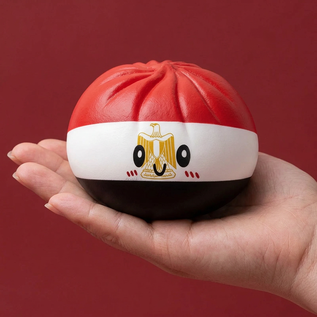 Flag Dumpling Squishy Egypten i handen, verklig storlek