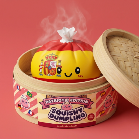Squishy Flag Dumpling Spanien i sin bambu-ångkorg