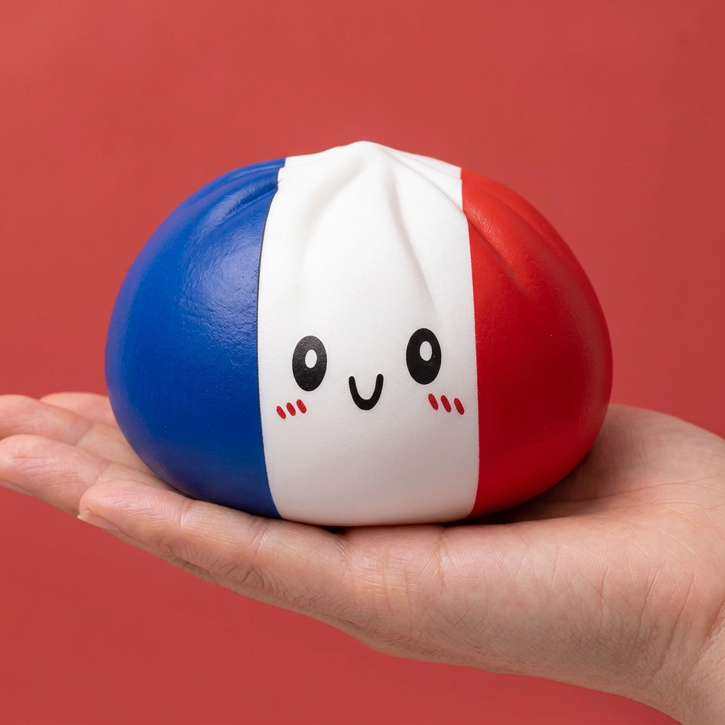 France Flag Squishy Dumpling Blå Vit Röd i handen, verklig storlek